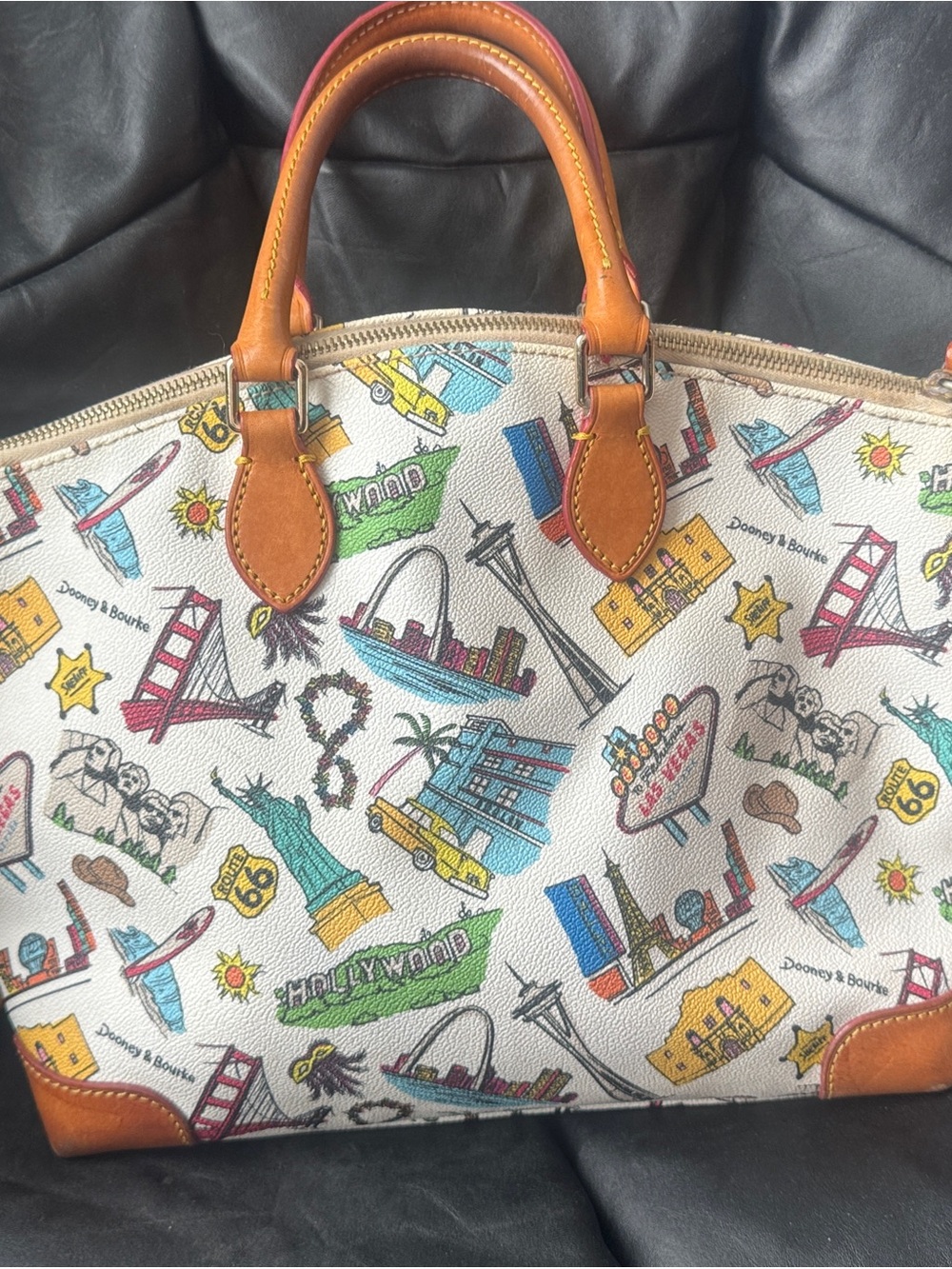 Dooney & Bourke White Leather USA Travel Icons Satchel Handbag w/ Tan Trim - Picture 11 of 11